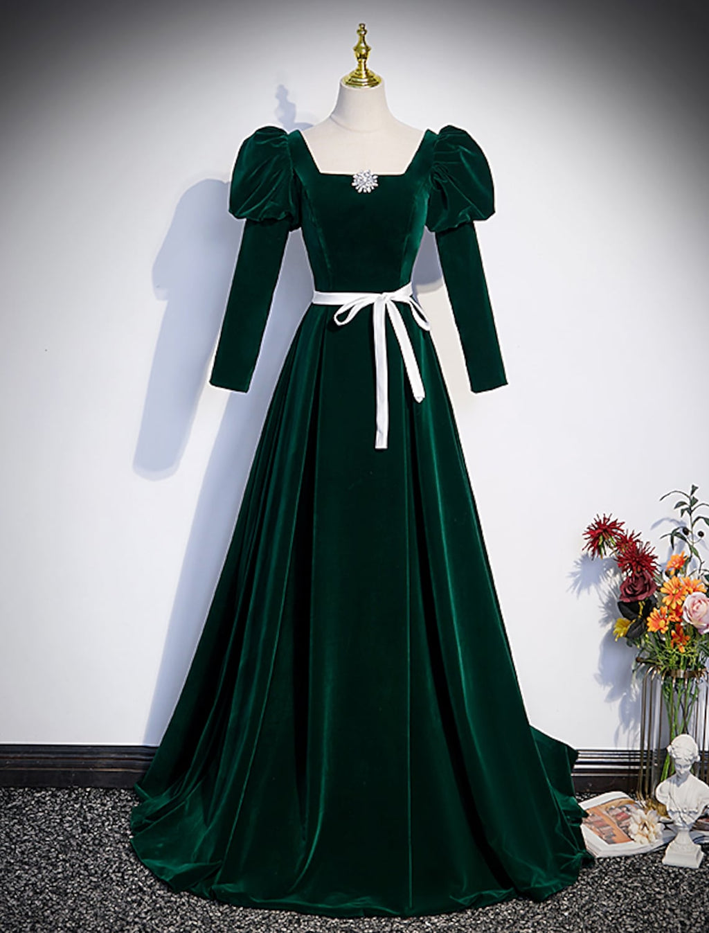 Evening Gown Maxi Dress Formal Floor Length Long Sleeve Square Neck Pleats Crystals Strappy