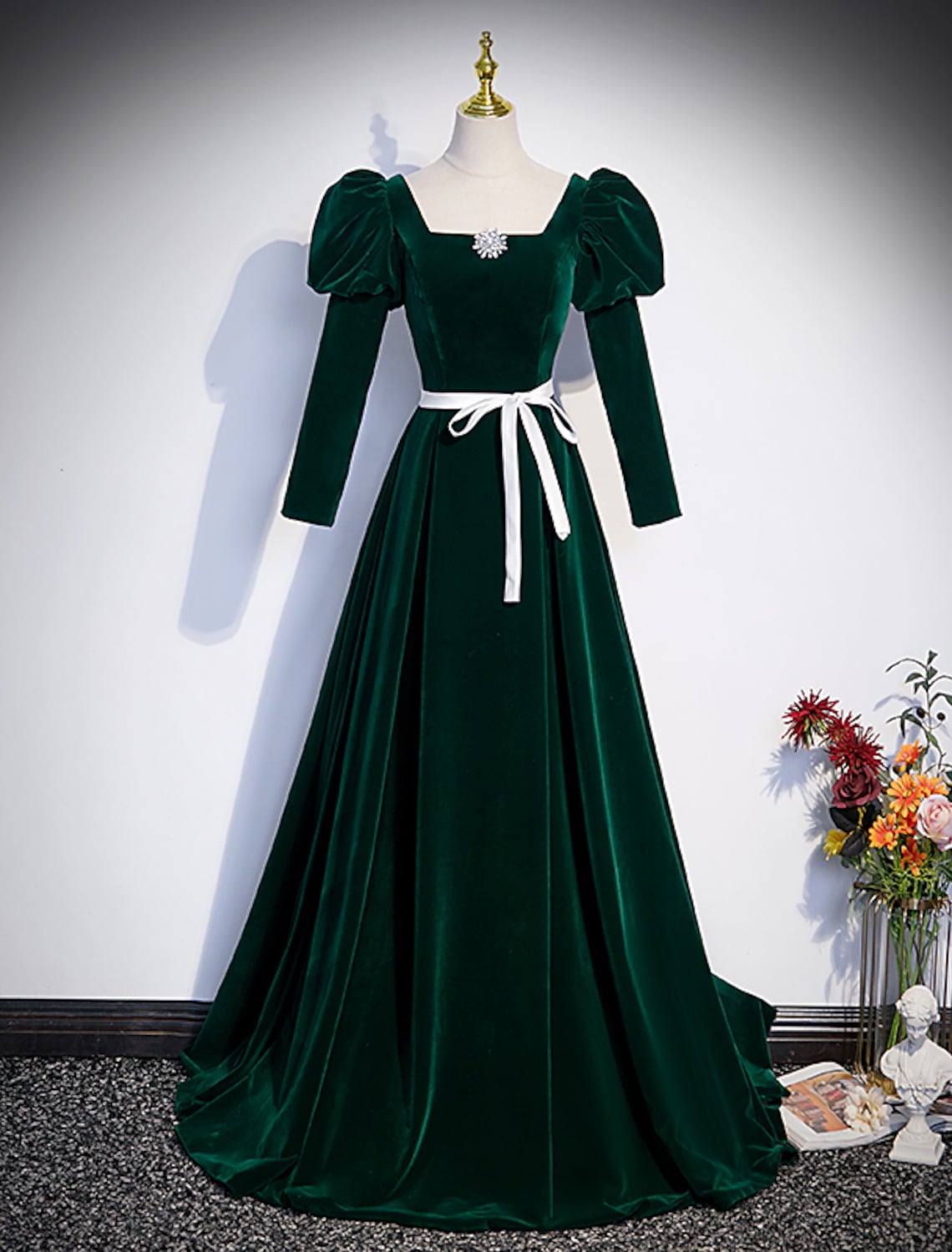 Evening Gown Maxi Dress Formal Floor Length Long Sleeve Square Neck Pleats Crystals Strappy