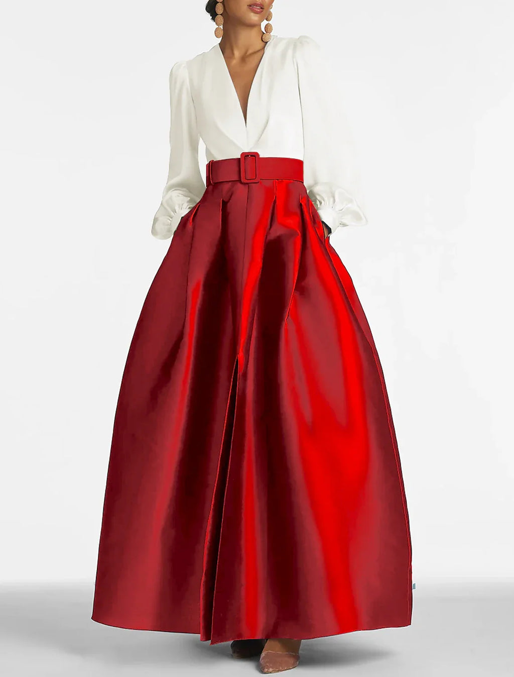 Green Formal Pocket Christmas Red Green Dress Long Sleeve Blue Evening Gown High Split Wedding Guest Dress Fall Wedding Floor Length Color Contrast V Neck Belt / Sash with Pleats Slit