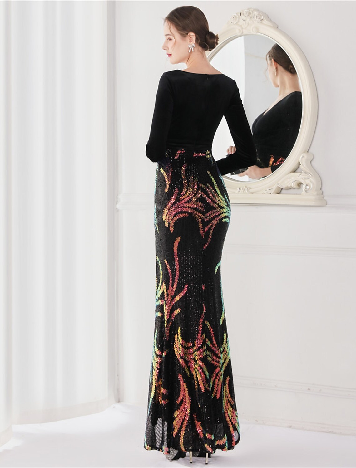 Evening Gown Elegant Dress Wedding Floor Length Long Sleeve V Neck V Back with Slit