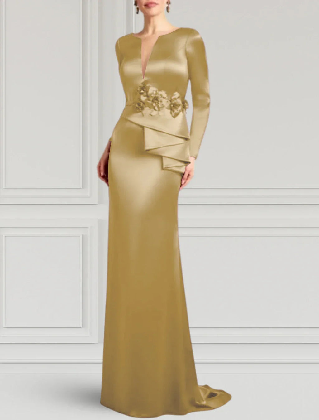 Sheath / Column Evening Gown Elegant Dress Formal Wedding Guest Sweep / Brush Train Long Sleeve V Neck with Appliques