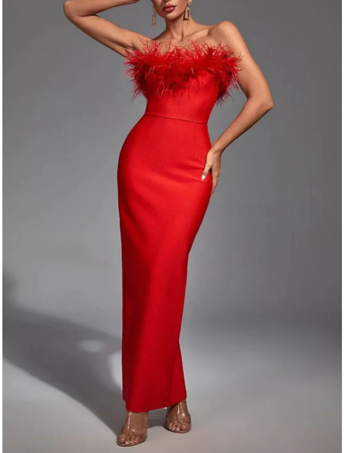 Black Sheath / Column Evening Gown Elegant Dress Formal Fall Ankle Length Sleeveless Strapless Fabric with Feather Slit