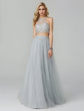 Two Piece Empire Prom Formal Evening Dress Halter Neck Sleeveless Floor Length with Appliques