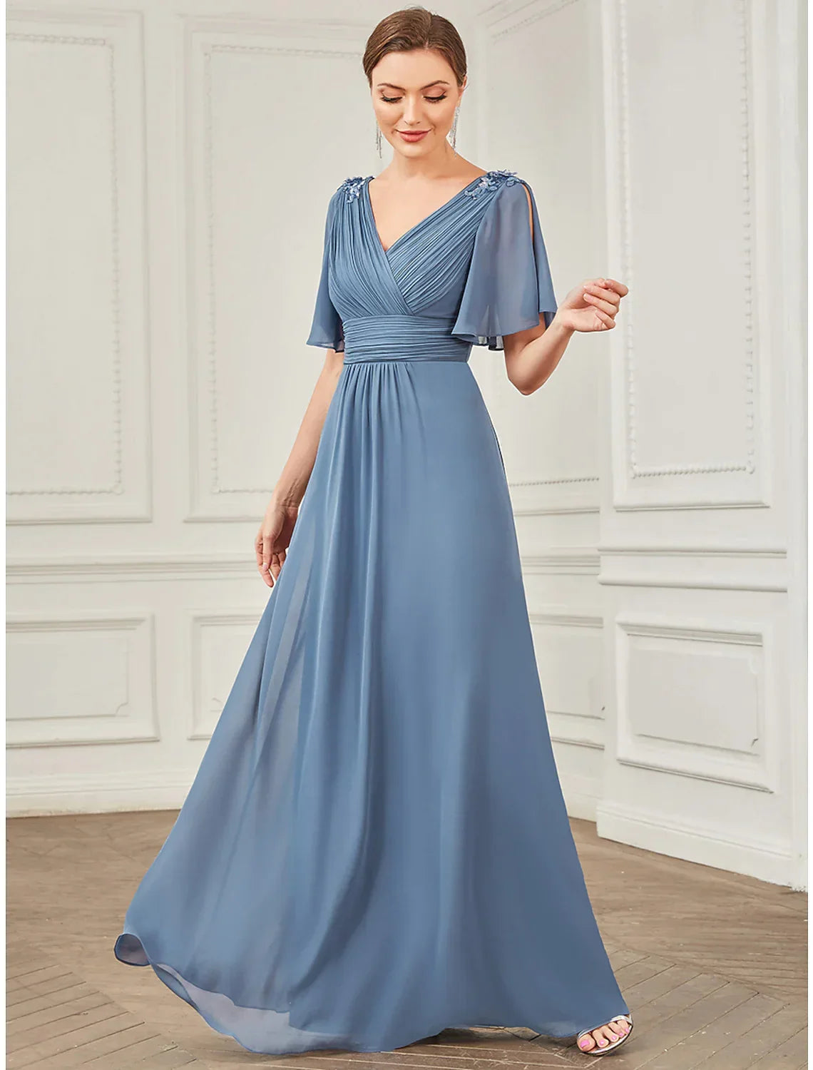 Wedding Guest Floor Length Short Sleeve V Neck with Ruched Appliques