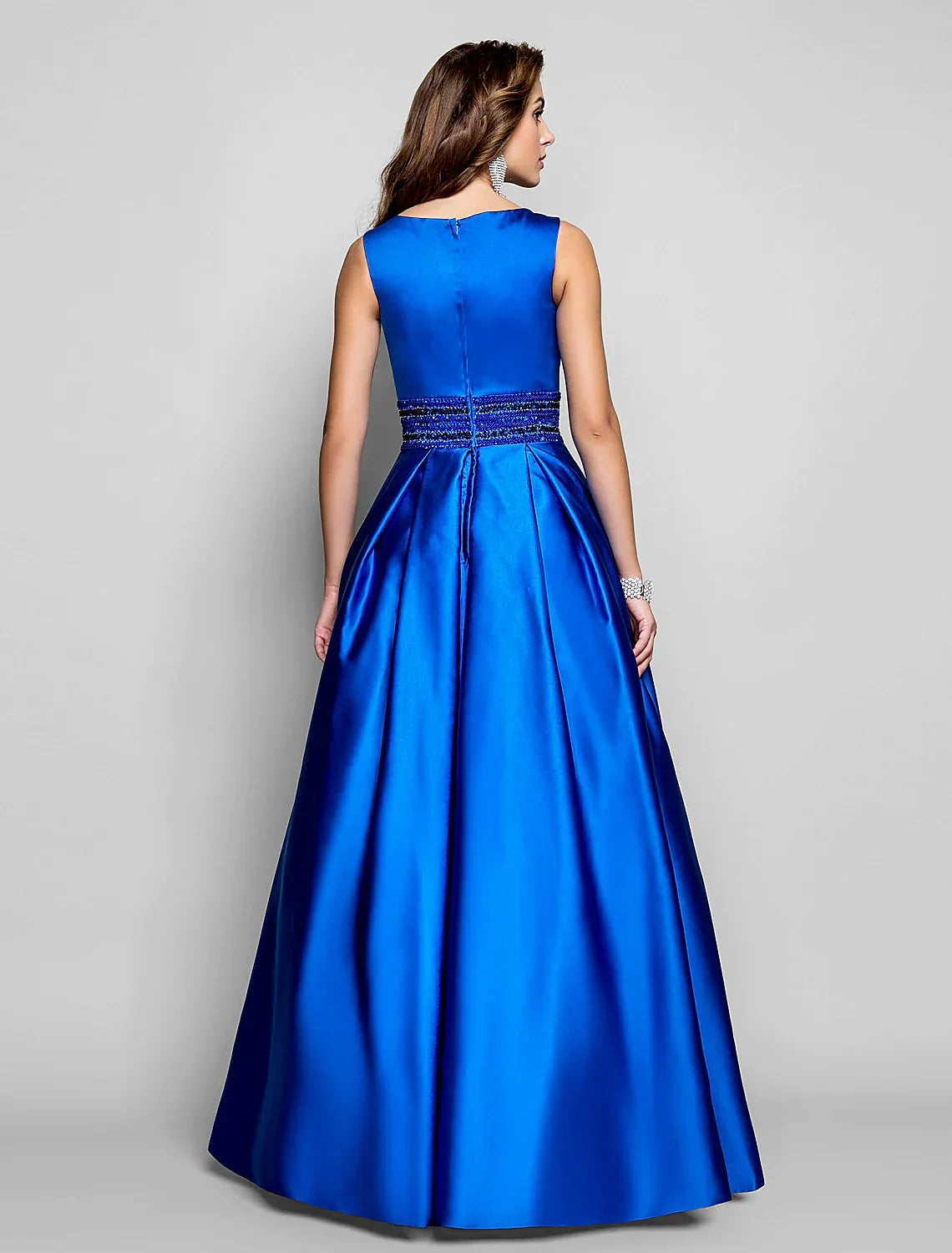 Blue Evening Dresses Wedding Guest Floor Length Sleeveless Boat Neck Pocket with Pleats Beading