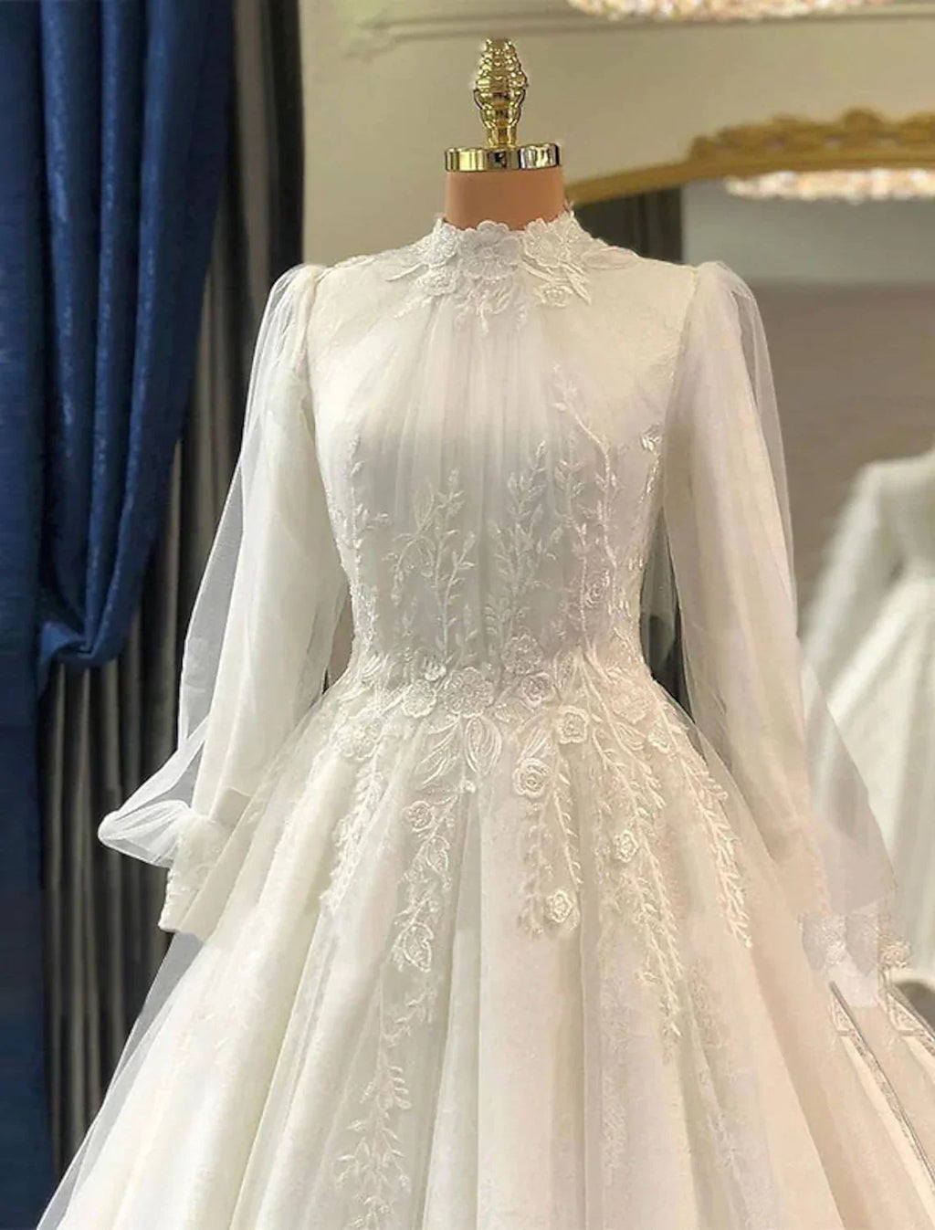 Engagement Vintage Formal Wedding Dresses Princess Long Sleeve High Neck Pleats Appliques