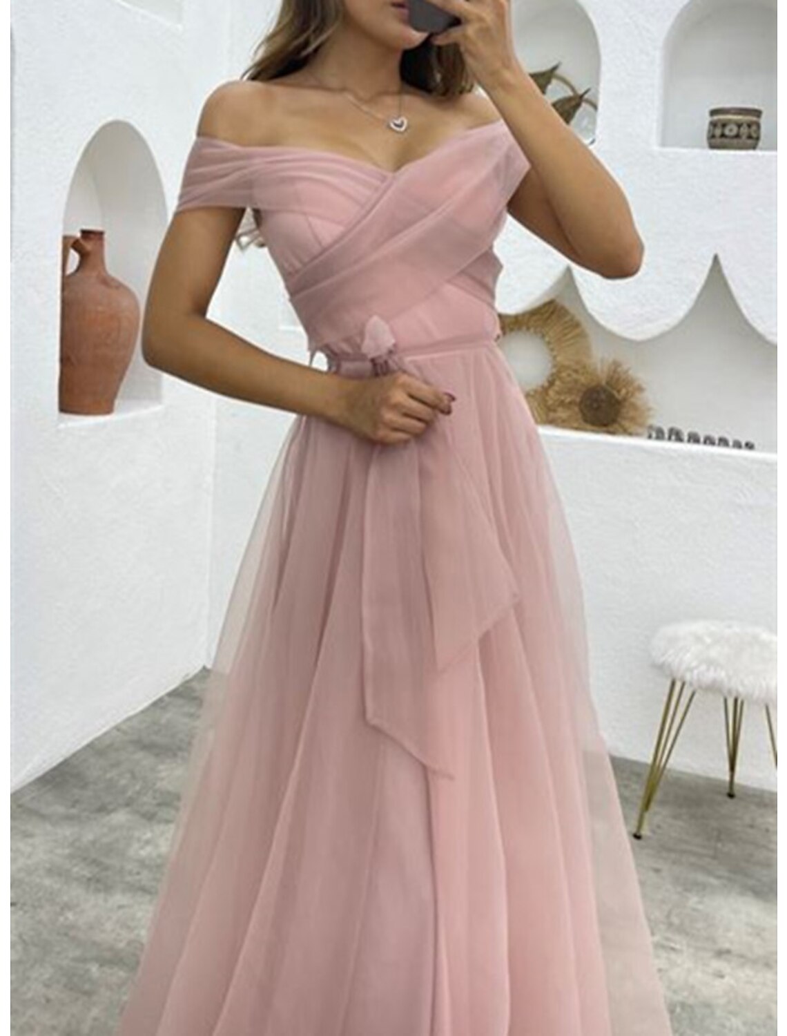 Evening Gown 1950s Dress Formal Wedding Reception Floor Length Sleeveless Off Shoulder with Strappy