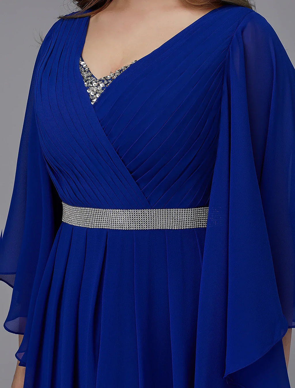 Plus Size Dress Wedding Guest Floor Length Long Sleeve V Neck Lace-up with Crystals
