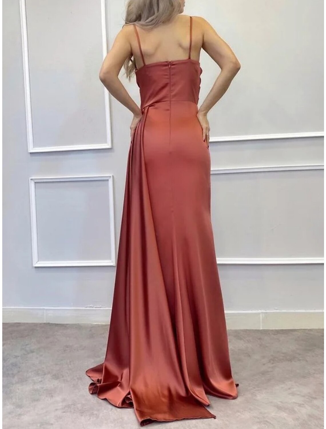 Evening Gown Elegant Dress Formal Sweep / Brush Train Sleeveless Spaghetti Strap Imitation with Pleats Ruched