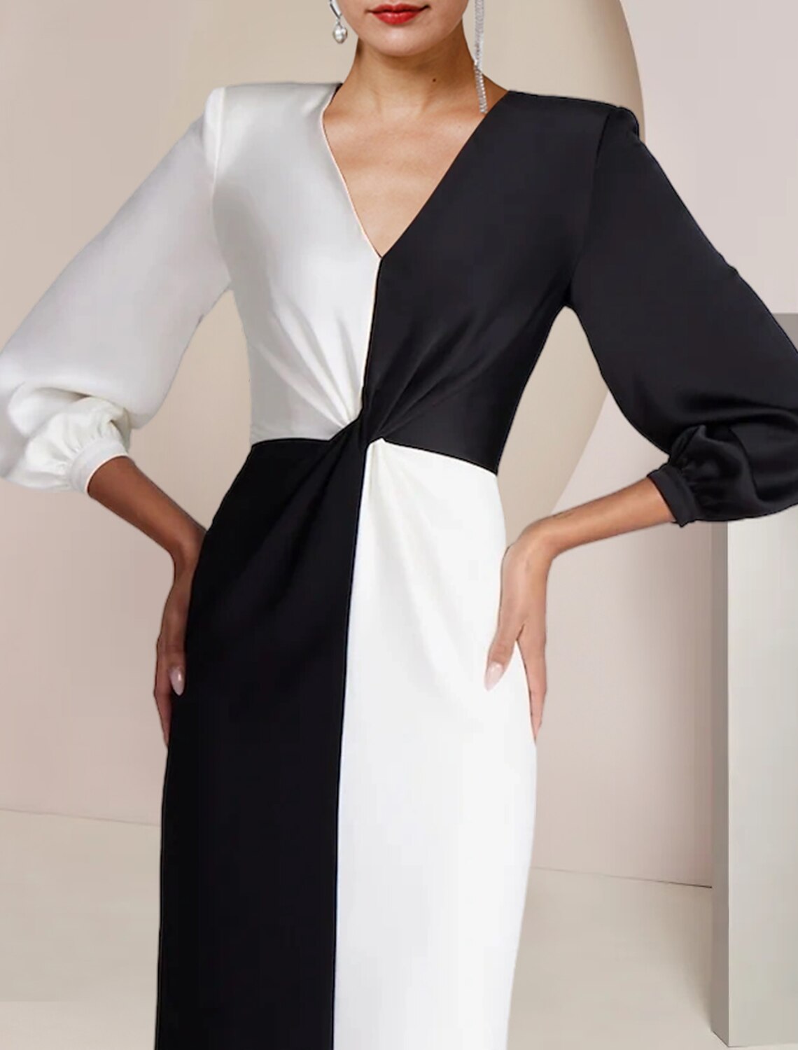 Sheath / Column Mother of the Bride Dress Formal Wedding Guest Party Elegant V Neck Floor Length 3/4 Length Sleeve