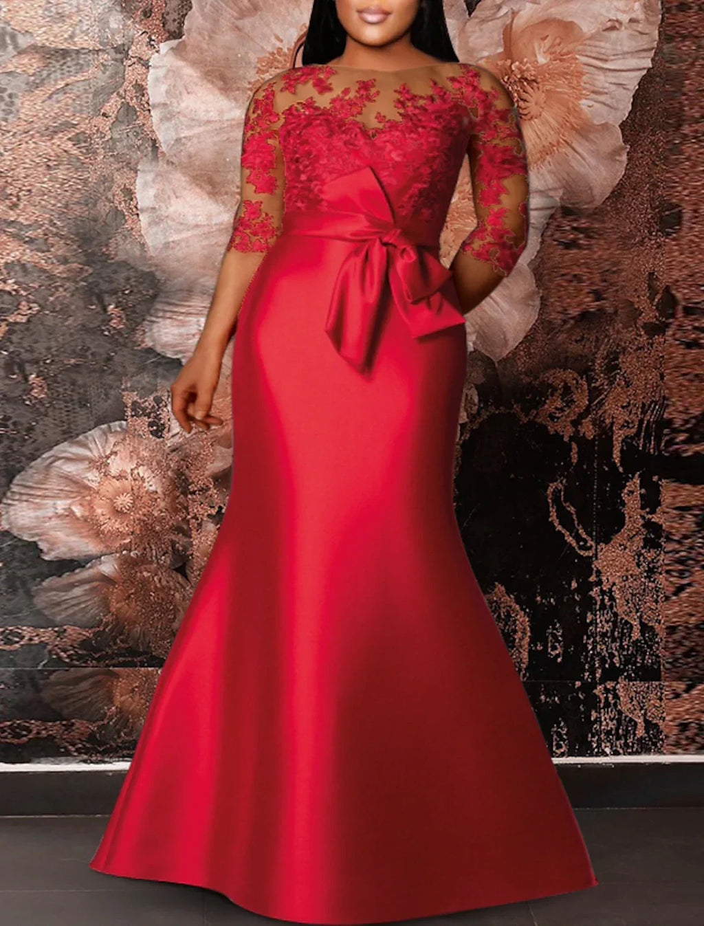 Green Mermaid Red Dress Plus Size Curve Formal Dresses Plus Size Dress Formal Wedding Guest Floor Length Half Sleeve Jewel Neck with Appliques Strappy
