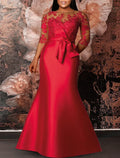 Green Mermaid Red Dress Plus Size Curve Formal Dresses Plus Size Dress Formal Wedding Guest Floor Length Half Sleeve Jewel Neck with Appliques Strappy