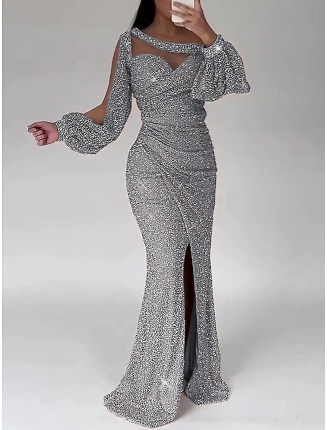 Green Mermaid Dress Evening Gown Christmas Red Dress Formal Sweep / Brush Train Long Sleeve Scoop Neck with Glitter Ruched Slit