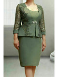 Two Piece Mother of the Bride Dress Wedding Guest Church Party Elegant Scoop Neck Knee Length Fabric Long Sleeve with Crystal Brooch