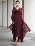 Mother of the Bride Dress Plus Size Elegant V Neck Asymmetrical Floor Length Long Sleeve with Pleats Ruched