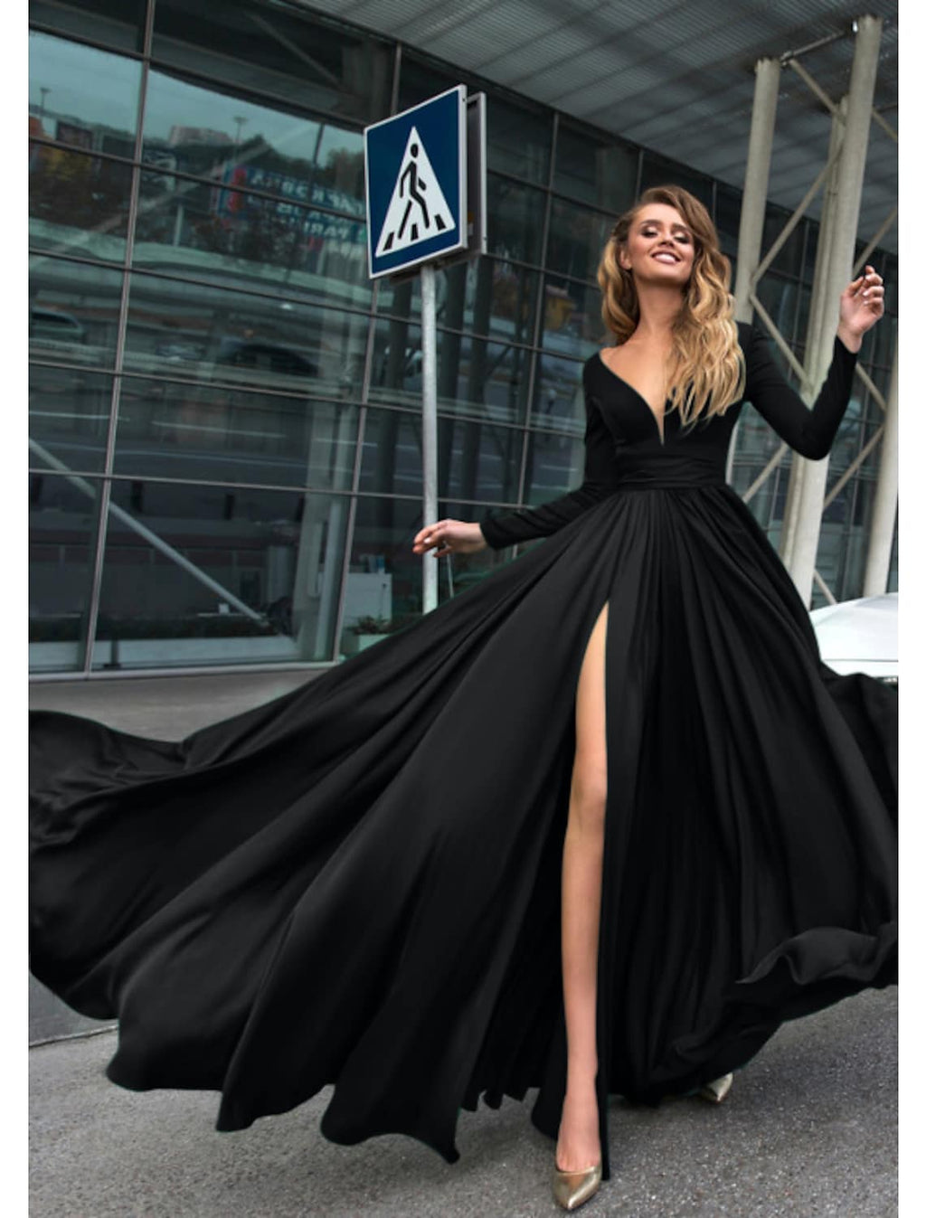 Evening Gown Dress Holiday Floor Length Long Sleeve V Neck V Back with Slit