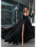 Evening Gown Dress Holiday Floor Length Long Sleeve V Neck V Back with Slit