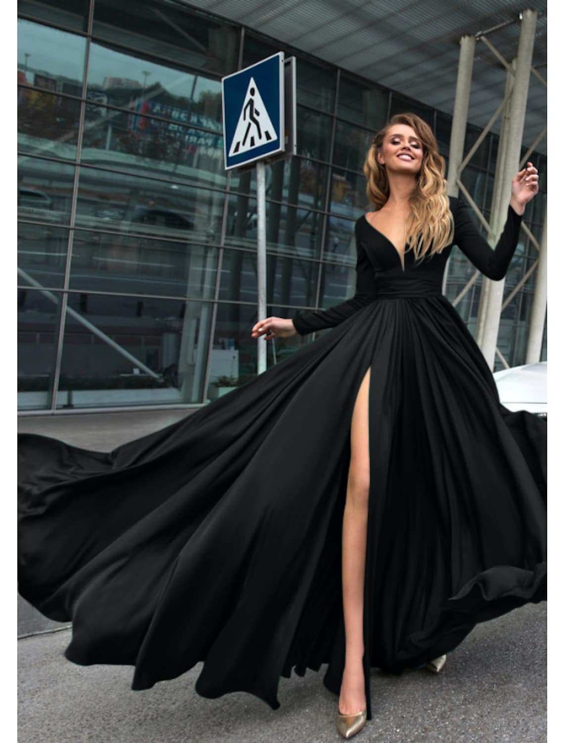 Evening Gown Dress Holiday Floor Length Long Sleeve V Neck V Back with Slit
