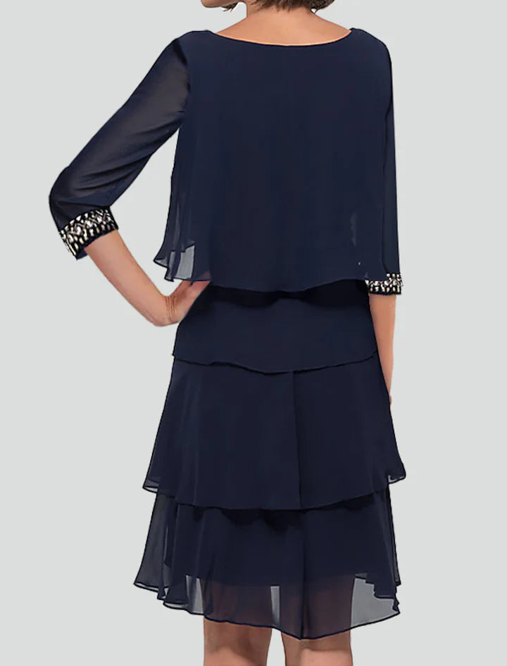 Navy Blue Beaded-Cuff Layered Chiffon Cocktail Prom Dress
