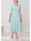 Mother of the Bride Dress Formal Wedding Guest Elegant V Neck Tea Length Half Sleeve with Sash / Ribbon Solid Color