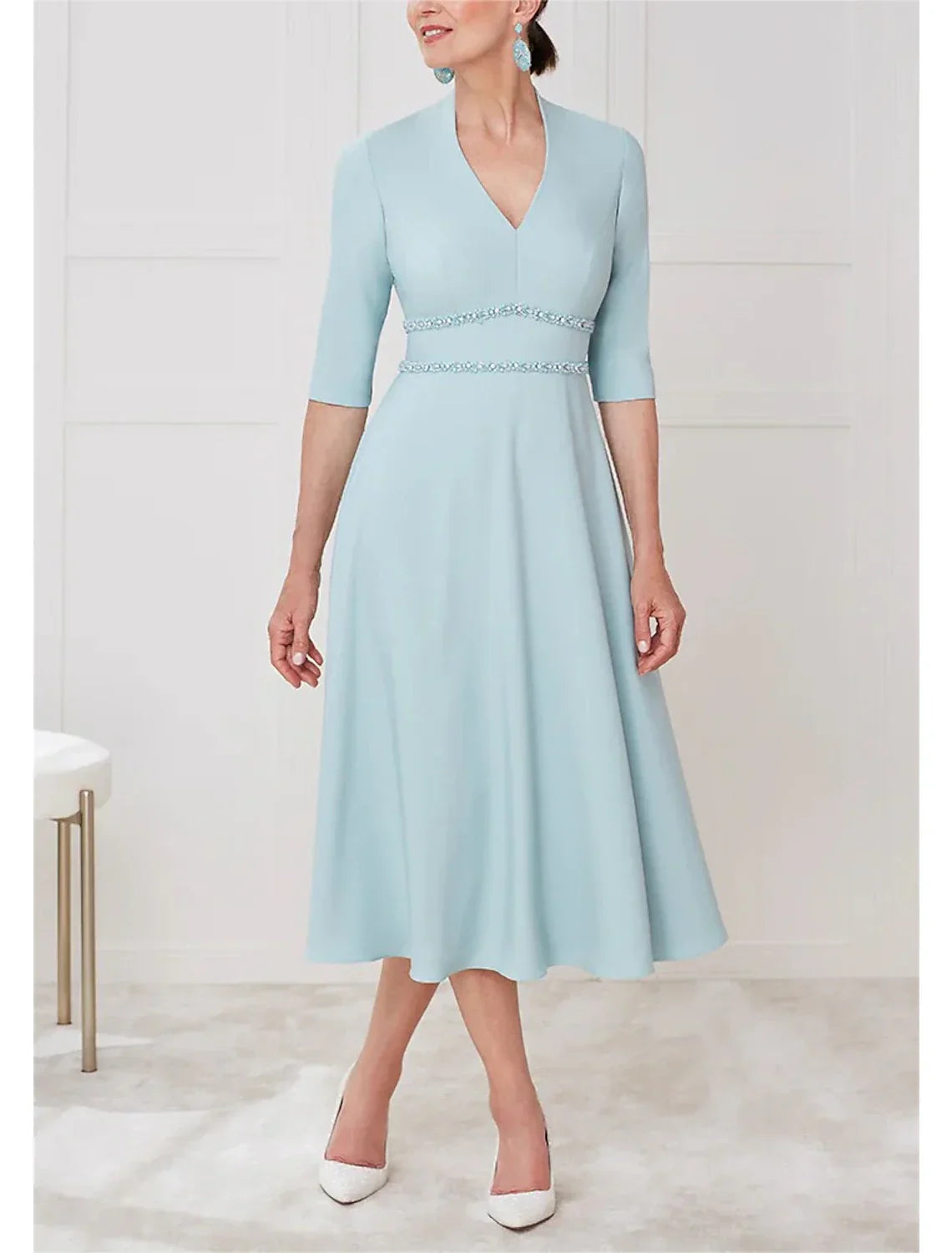 Mother of the Bride Dress Formal Wedding Guest Elegant V Neck Tea Length Half Sleeve with Sash / Ribbon Solid Color