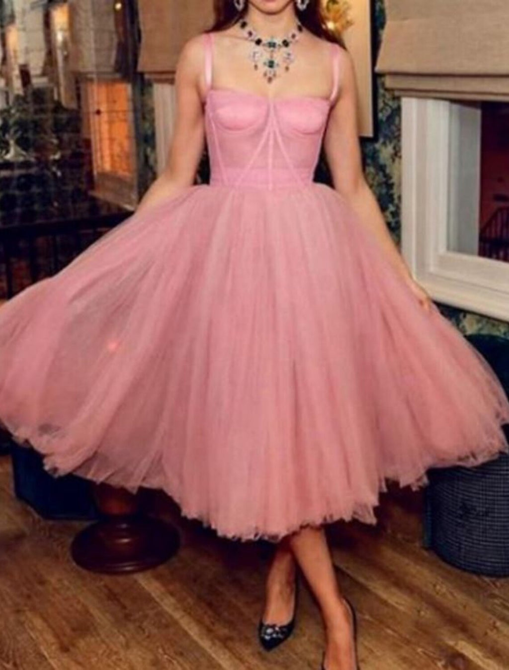 Celebrity Style Vintage Engagement Prom Dress Spaghetti Strap Sleeveless Tea Length with Pleats