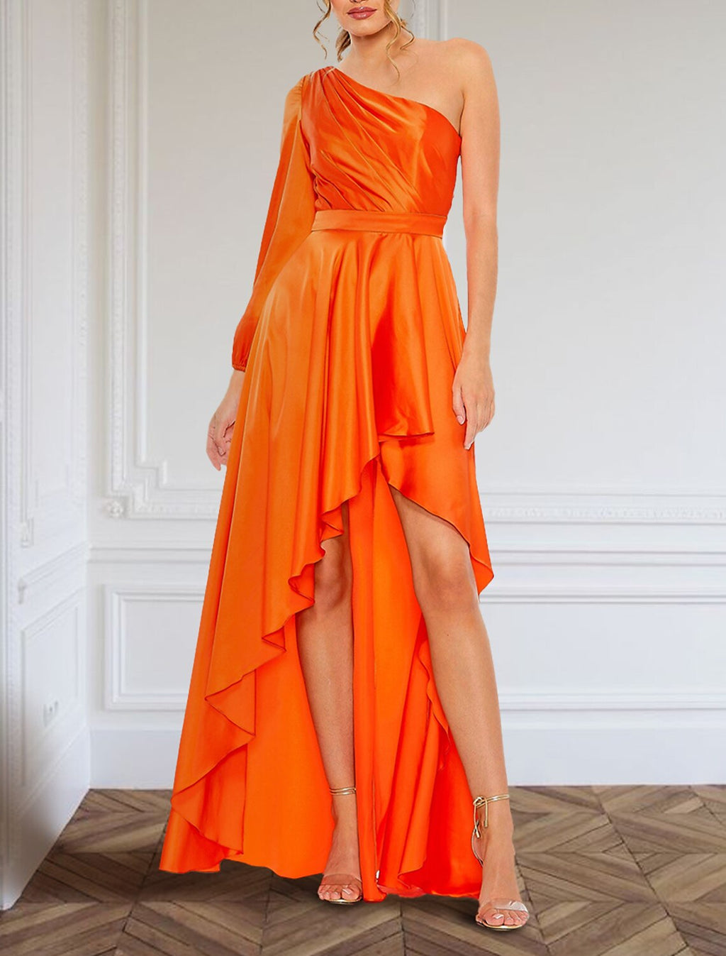 Evening Gown Elegant Dress Formal Asymmetrical Long Sleeve One Shoulder Charmeuse with Ruffles