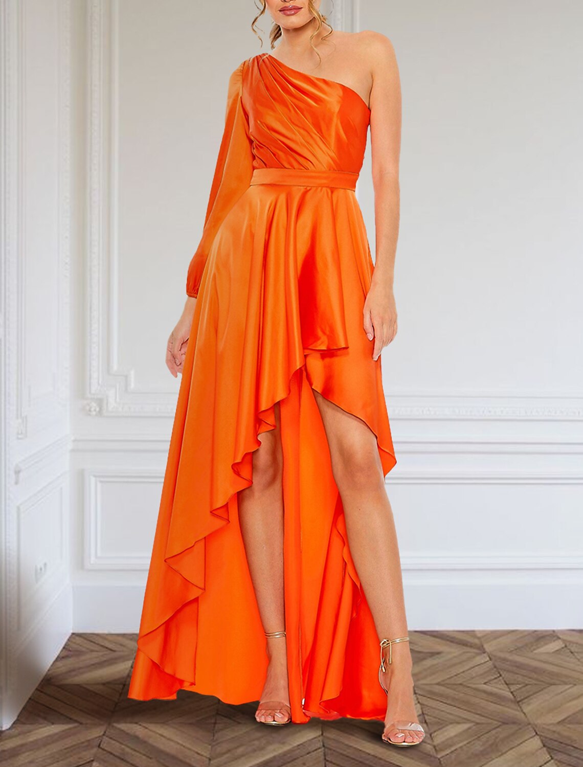 Evening Gown Elegant Dress Formal Asymmetrical Long Sleeve One Shoulder Charmeuse with Ruffles