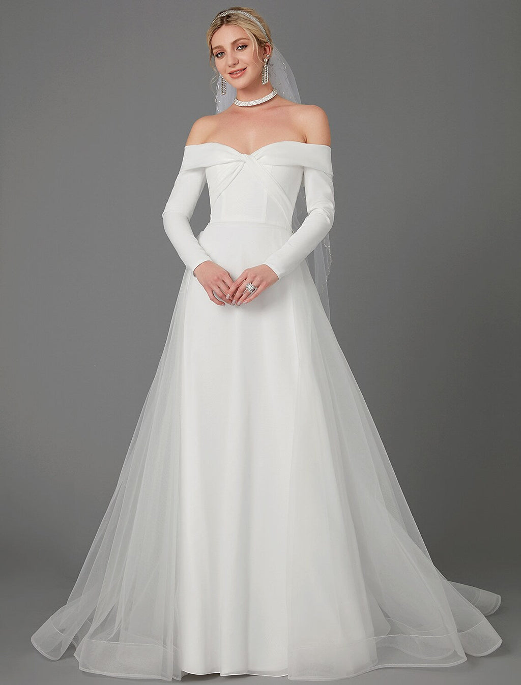 Engagement Formal Wedding Dresses A-Line Long Sleeve Off Shoulder