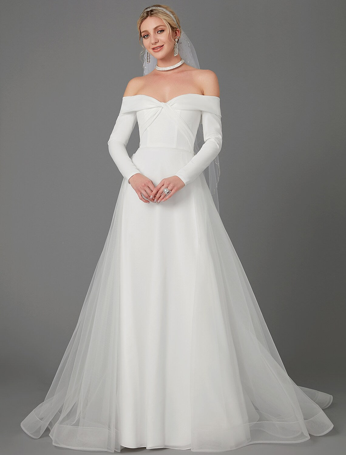 Engagement Formal Wedding Dresses A-Line Long Sleeve Off Shoulder