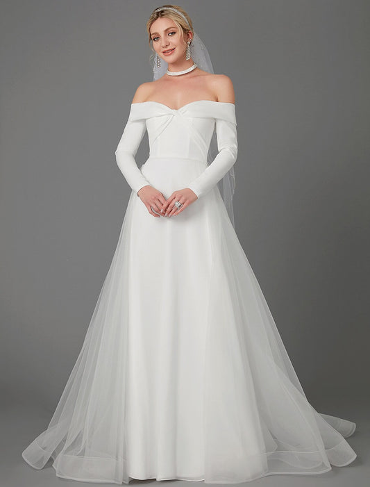 Elegant Red A-Line Classic-Neck Long-Sleeve Classic-Back Floor-Length Wedding Dress