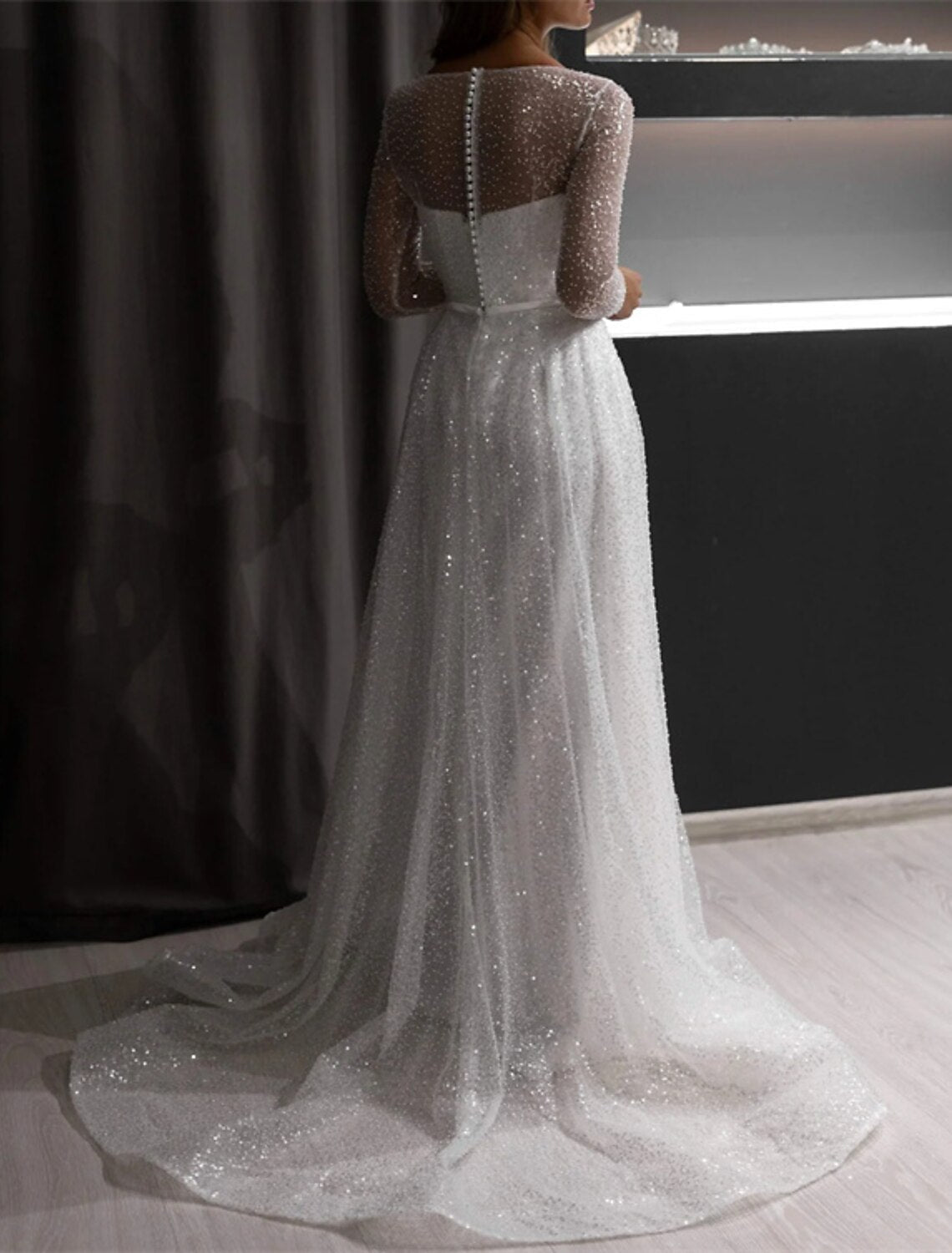 Evening Gown Sparkle & Shine Dress Wedding Court Train Long Sleeve Jewel Neck Fall Wedding Reception with Glitter