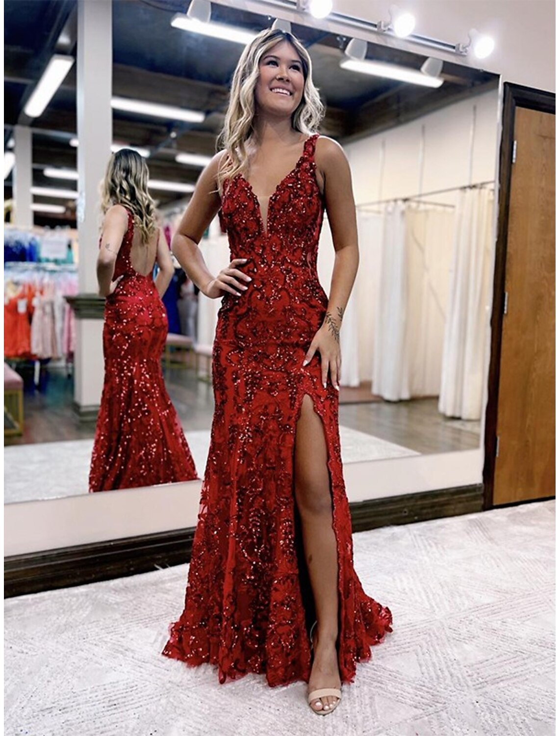 Trumpet Prom Dresses Sparkle Shine Dress Formal Sleeveless V Neck Backless