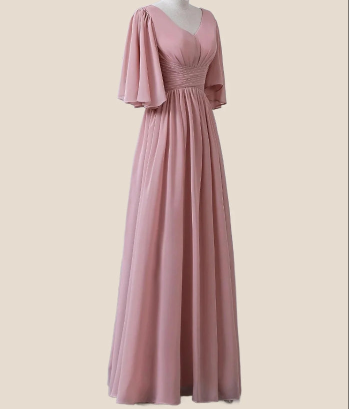 Bridesmaid Dress V Neck Half Sleeve Elegant Floor Length with Pleats / Ruffles