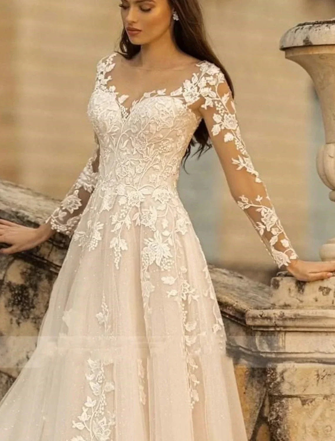 Beach Formal Wedding Dresses A-Line V Neck Long Sleeve Sweep / Brush Train Bridal Gowns With Flower Solid Color