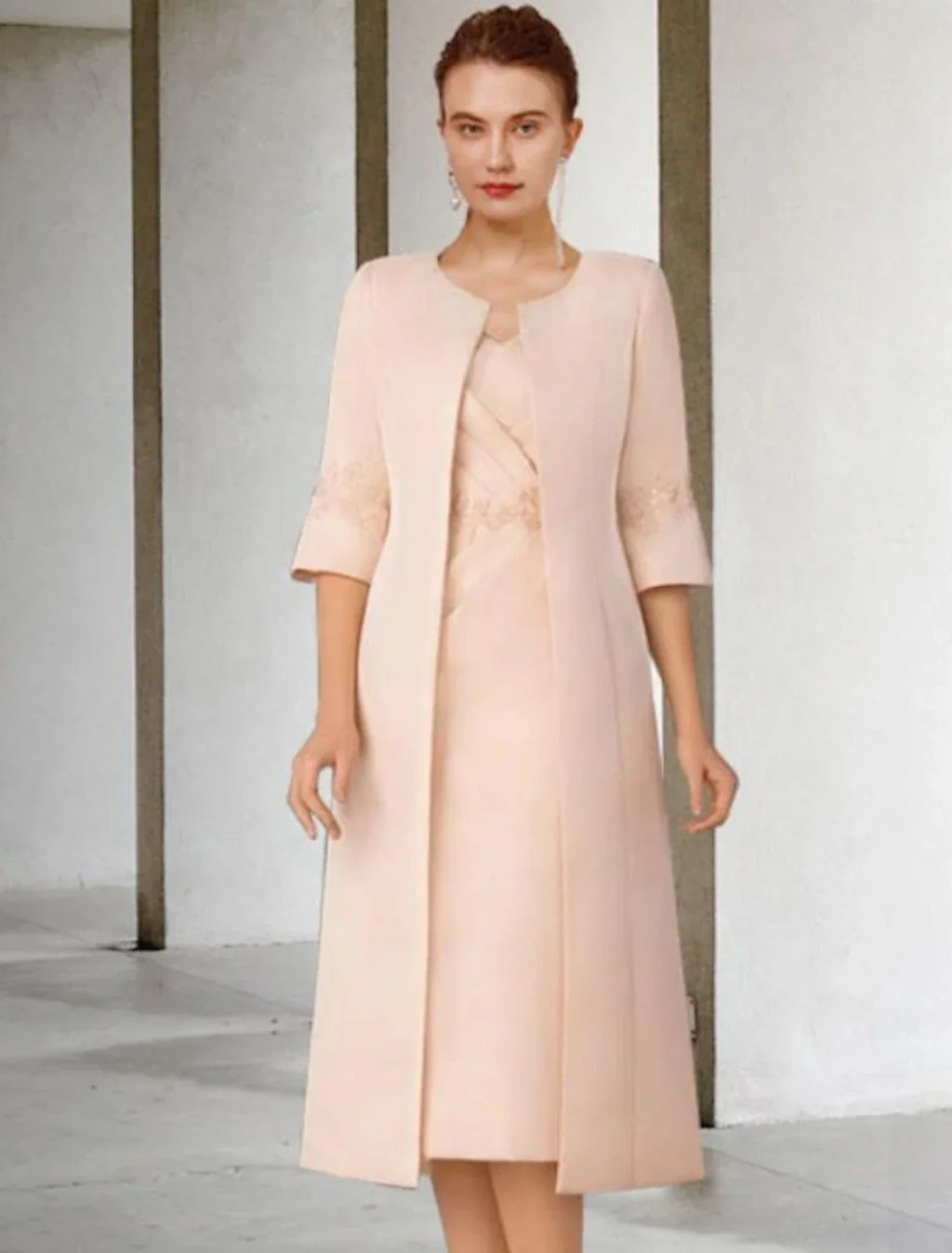 Two Piece Sheath / Column Mother of the Bride Dress Church Elegant Winter With Jacket Short Sleeve V Neck Knee Length Appliques Side-Draped