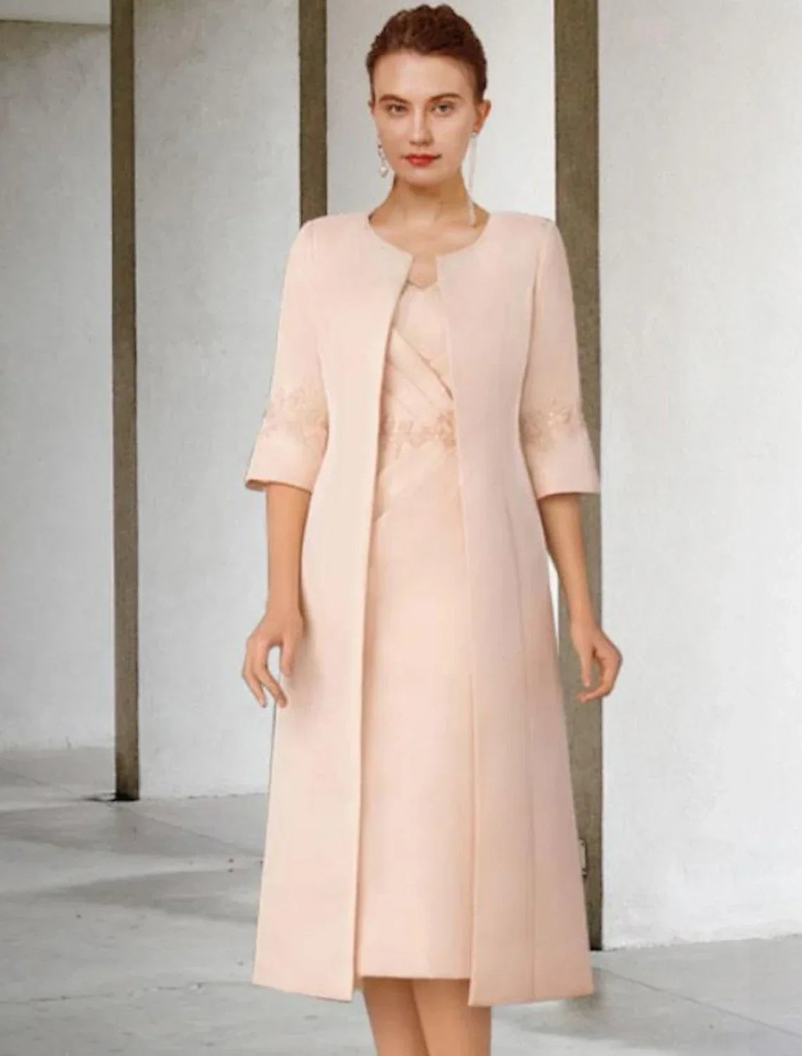 Two Piece Sheath / Column Mother of the Bride Dress Church Elegant Winter With Jacket Short Sleeve V Neck Knee Length Appliques Side-Draped