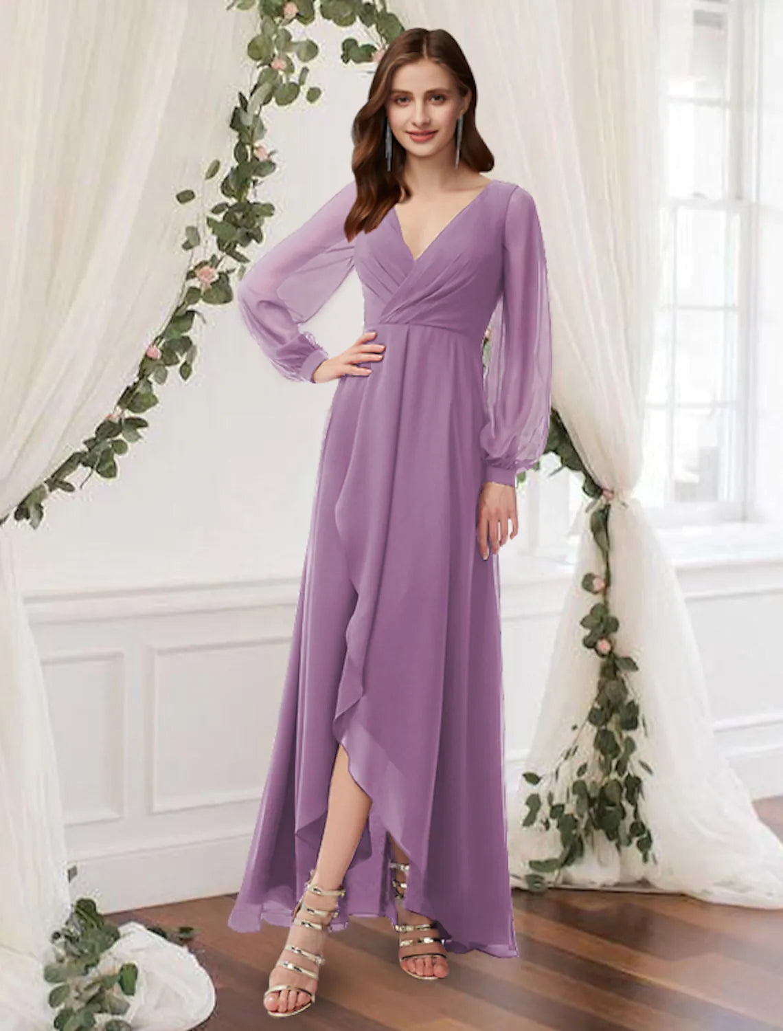 Wedding Guest Ankle Length Long Sleeve V Neck with Pleats