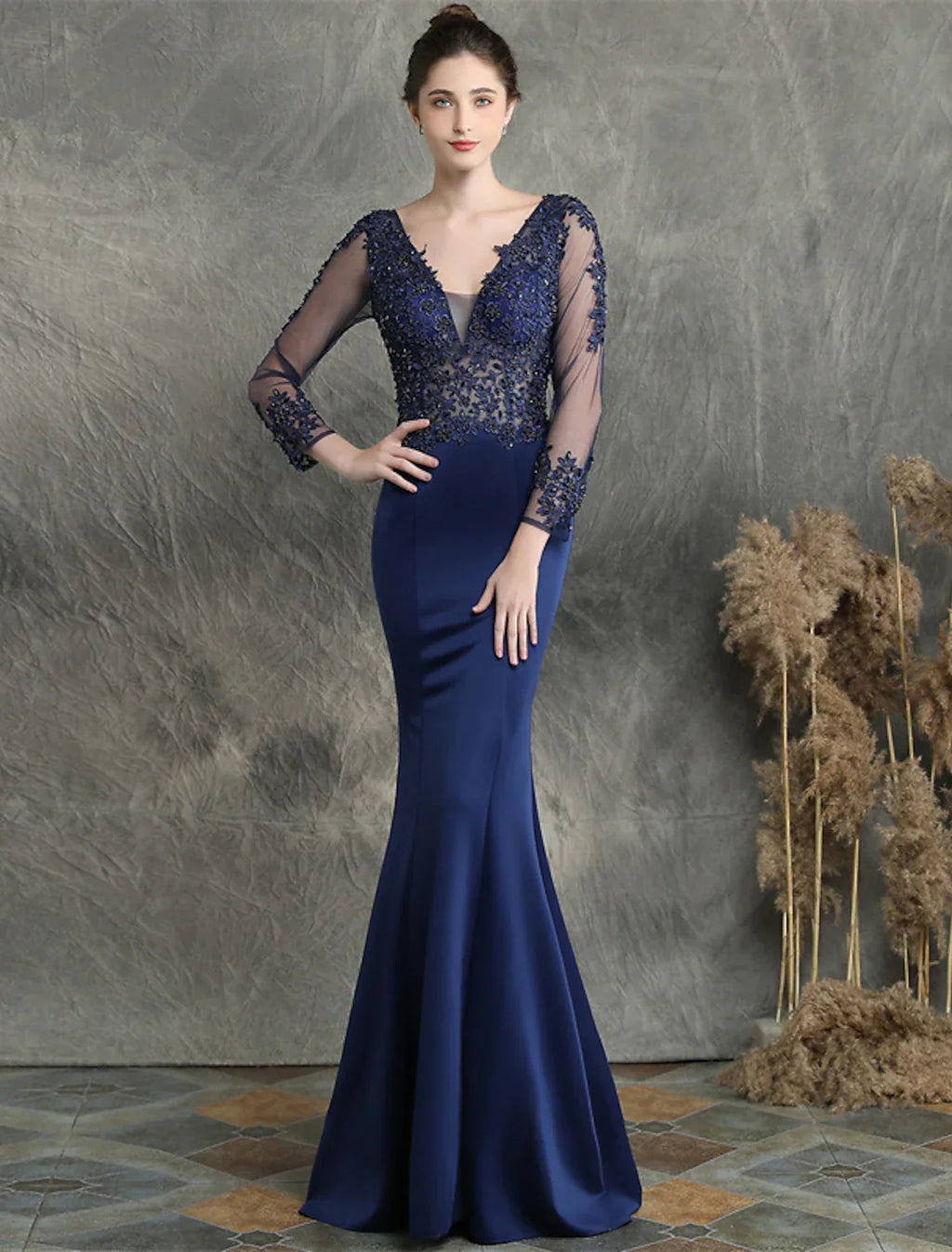 Long Sleeve V Neck Blend with Beading Appliques