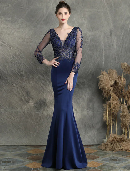 Elegant Red A-Line V-Neck Long-Sleeve Classic-Back Floor-Length Prom Dress