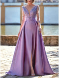 Evening Gown Elegant Dress Wedding Guest Sweep / Brush Train 3/4 Length Sleeve V Neck with Pleats Slit
