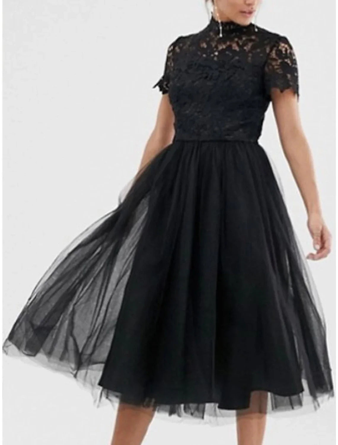 Black Cocktail Dresses Little Dress Dress Party Wear Wedding Guest Tea Length Short Sleeve High Neck Wednesday Addams Family with Pleats