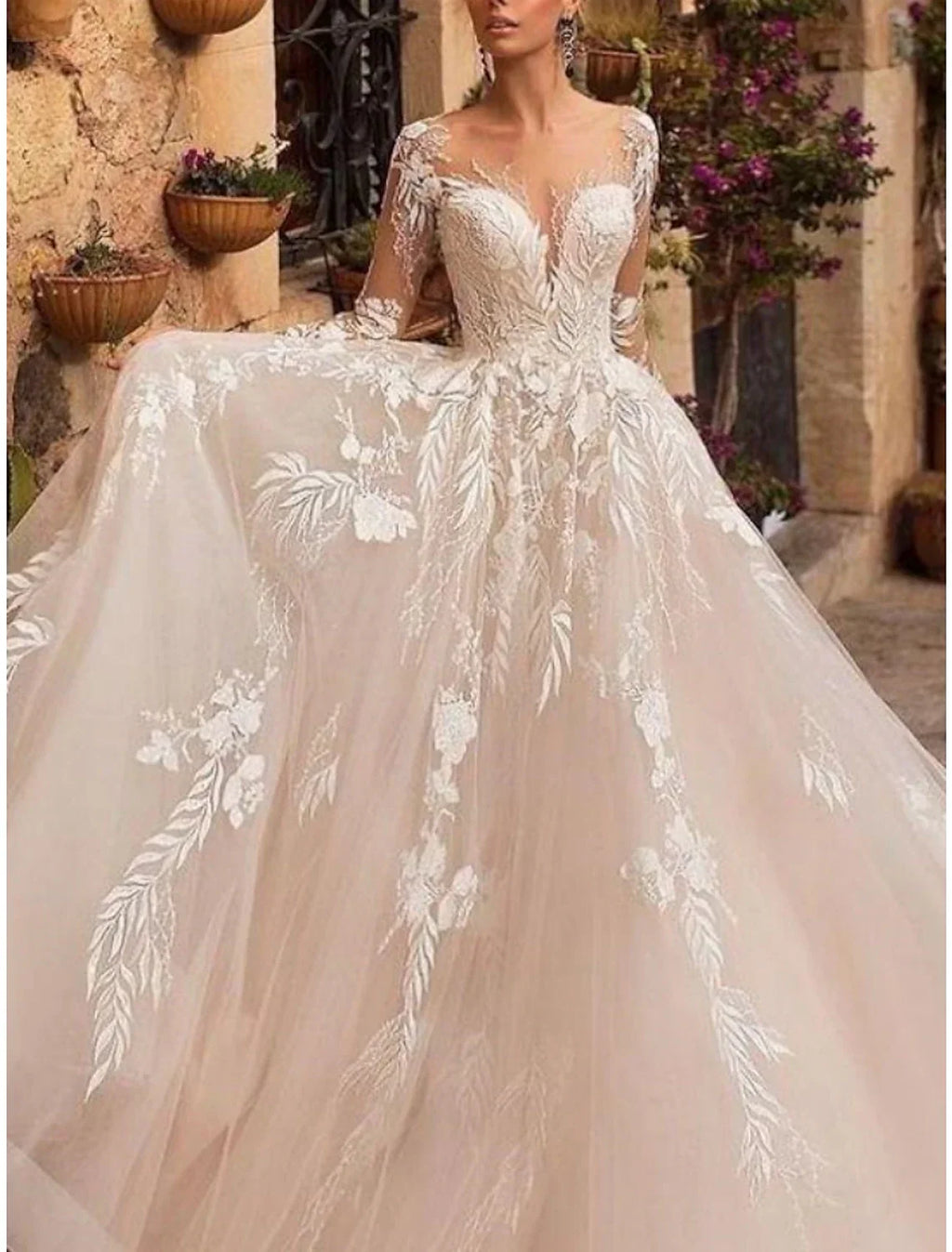 Formal Wedding Dresses A-Line V Neck Long Sleeve Court Train Bridal Gowns With Pleats Appliques