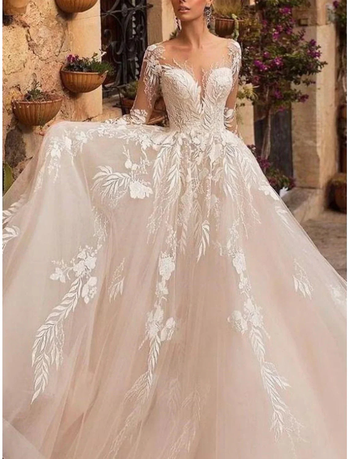 Formal Wedding Dresses A-Line V Neck Long Sleeve Court Train Bridal Gowns With Pleats Appliques