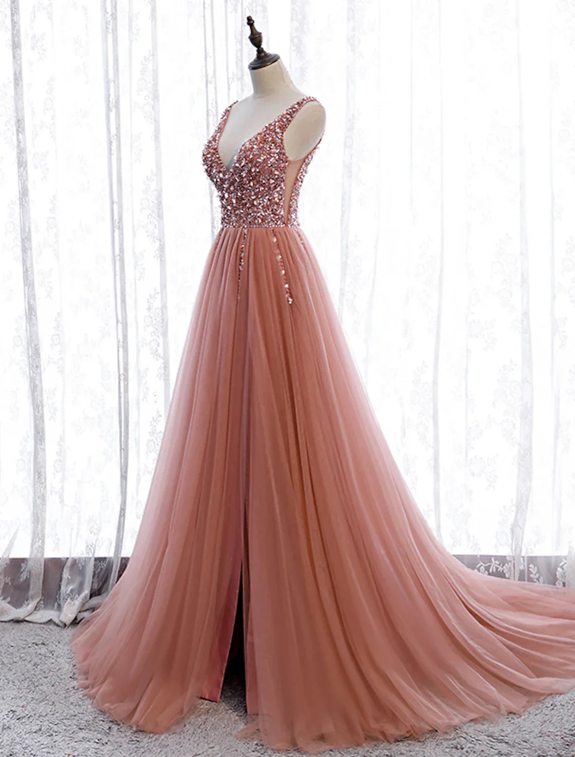 Party Wear Court Train Sleeveless V Neck with Pearls Embroidery
