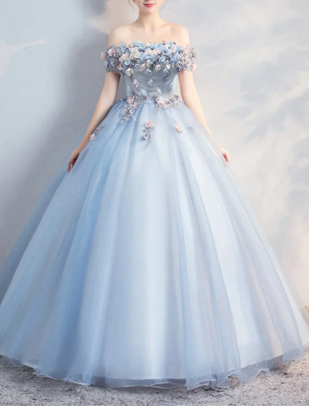Ball Gown Floral Puffy Quinceanera Prom Dress Off Shoulder Short Sleeve Floor Length with Appliques