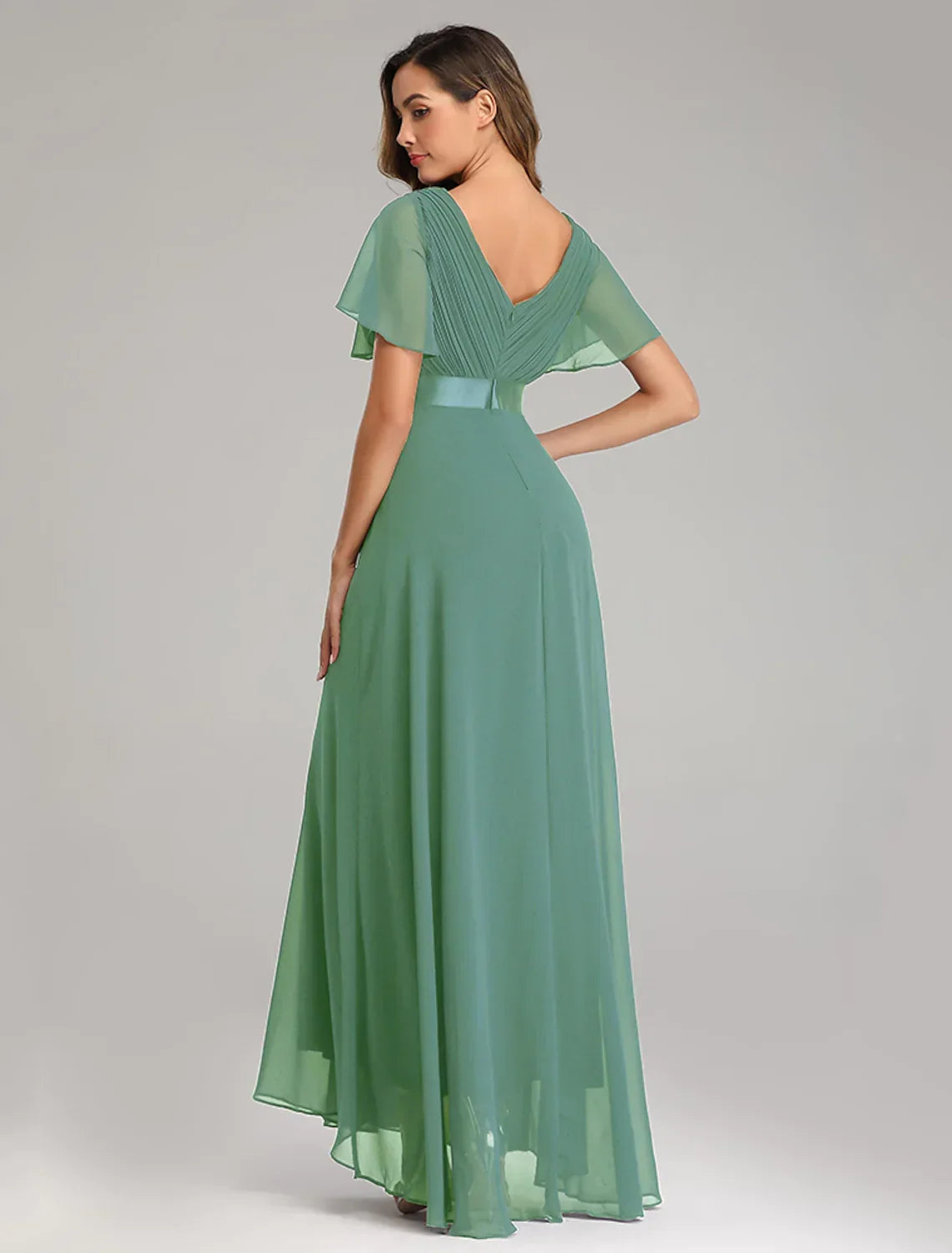 Graduation Floor Length Short Sleeve V Neck V Back with Ruched Ruffles