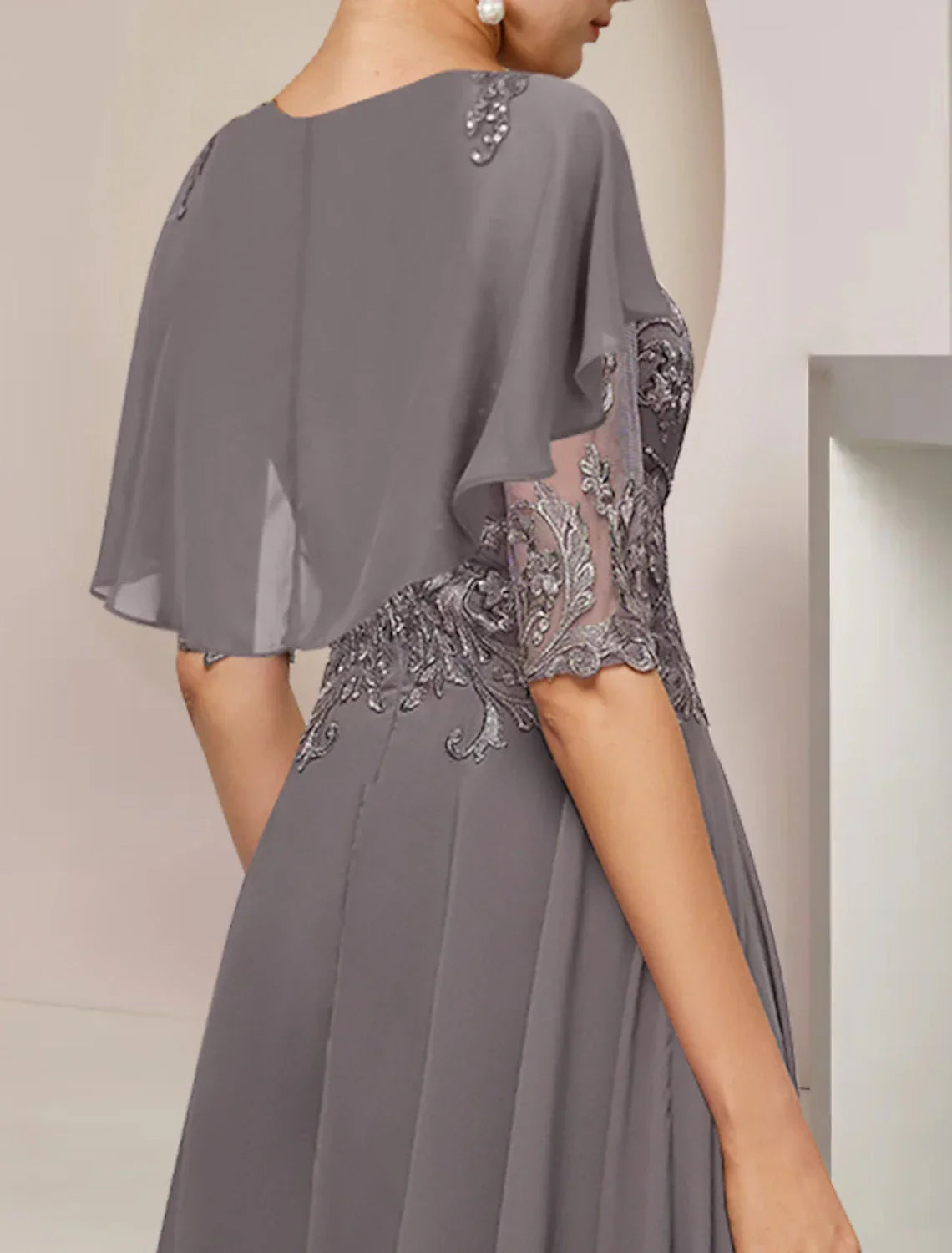Mother of the Bride Dress Formal Fall Wedding Guest Elegant Scoop Neck Asymmetrical Tea Length Half Sleeve with Beading Appliques