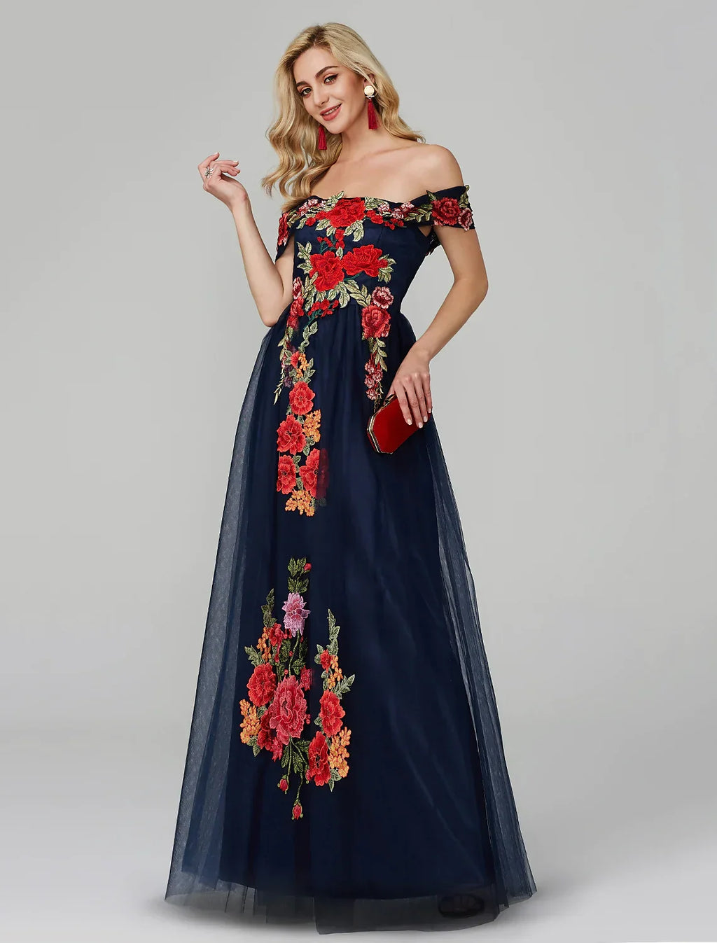 Wedding Guest Floor Length Sleeveless Off Shoulder Over with Embroidery Appliques