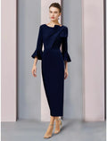 Mother of the Bride Dress Wedding Guest Elegant Scoop Neck Ankle Length Fabric 3/4 Length Sleeve with Bow(s) Ruching Solid Color
